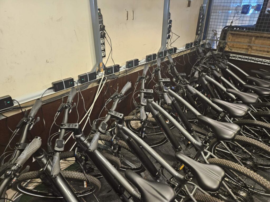 Electric mobility scooter and e-scooter stored in a passenger vessel corridor